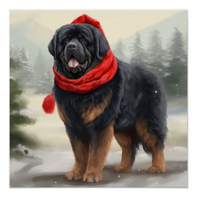 Poster Tibetan Mastiff dans la neige Noël  (Devant)