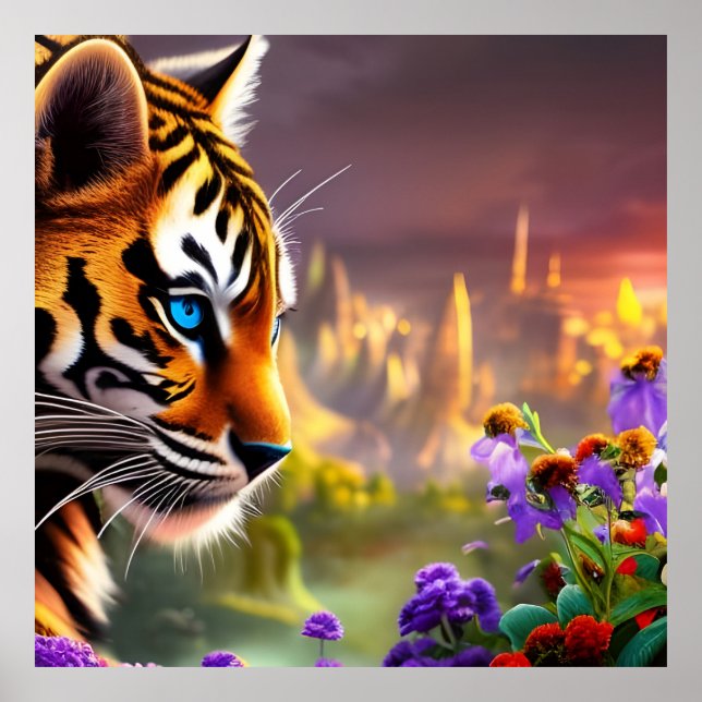 Poster Tiger Cub, Fleurs Violettes (Devant)