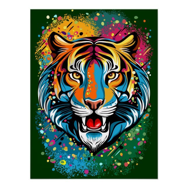 Poster Tiger Head Rainbow colors paint stains (Devant)
