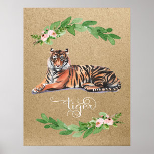 Poster Tiger safari imprimé de pépinière à fleurs roses