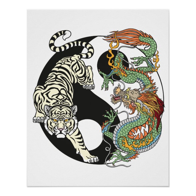 Poster Tigre blanc contre dragon vert dans le Yin yang p (Devant)