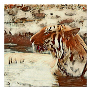 Poster tigre de natation de couleur chaude