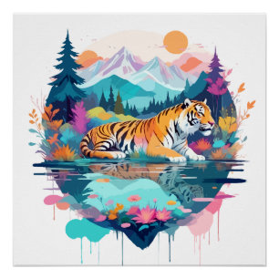 Poster Tigre Faune Animaux Nature Extérieure Aquarelle