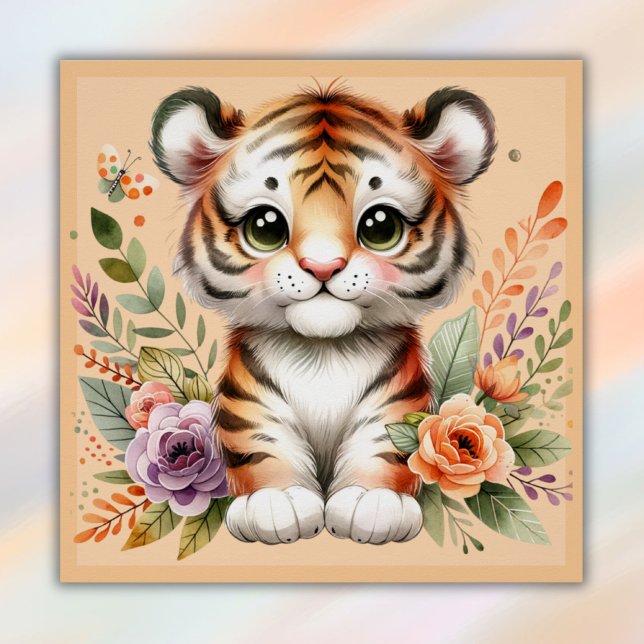 Poster Tigre mignon avec fleurs pour enfants | (Créateur téléchargé)