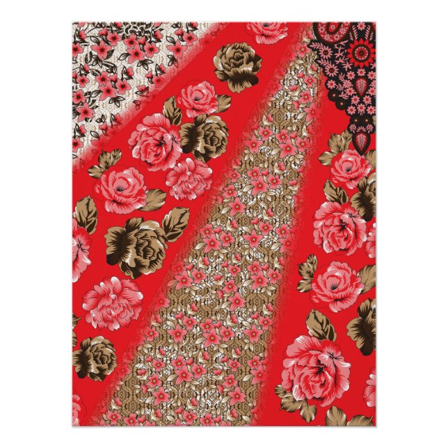 Poster Tissu rouge éclatant avec floral complexe et (Devant)