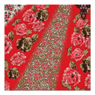 Poster Tissu rouge éclatant avec floral complexe et