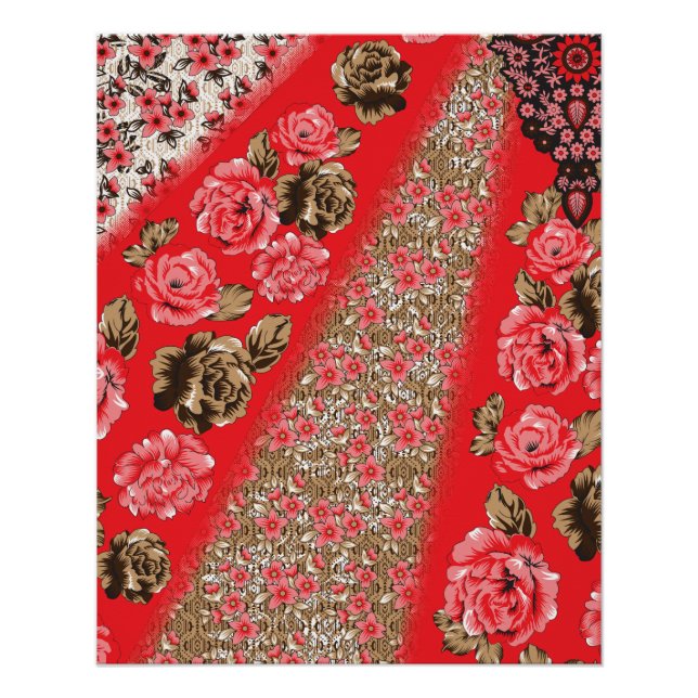 Poster Tissu rouge éclatant avec floral complexe et (Devant)