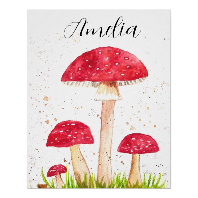 Poster Toadstool Champignons Forêt aquarelle Rouge Nature (Devant)