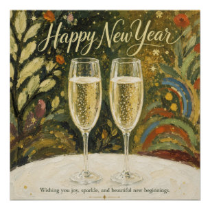 Poster Toast au Champagne Élégant Art Populaire Bonne Ann