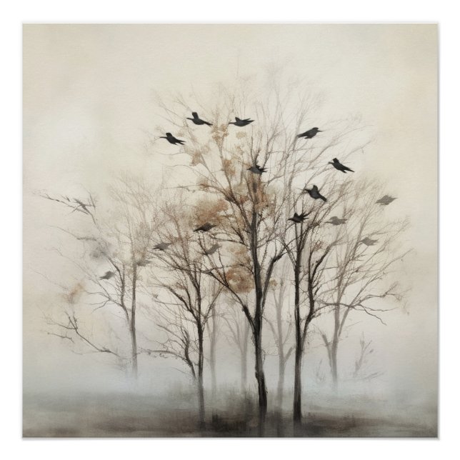 Poster Toiles d'art abstrait Arbres et Oiseaux (Devant)