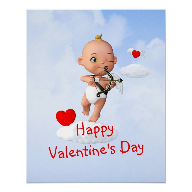 Poster Toon Baby Cupid Flying with a Bow and Flrow (Devant)