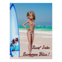 Toon Surfer Girl Posing sur le bord de mer