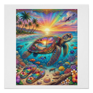 Poster Tortue de mer Coucher de soleil tropical Arc-en-ci
