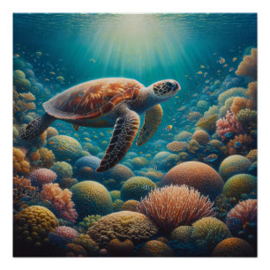 Poster Tortue de mer et corail