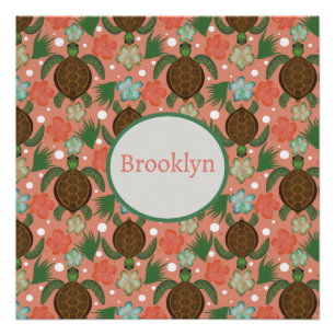Poster Tortue de mer et Hibiscus Coral rose Nom floral