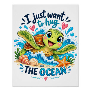 Poster Tortue de mer mignonne embrassant le design de l'o