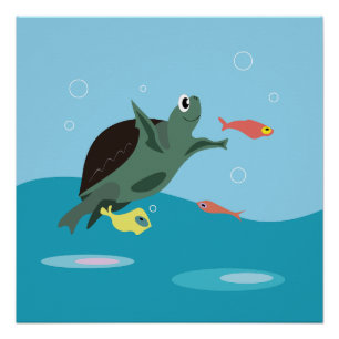 Poster Tortue de mer mignonne sous l'art marin