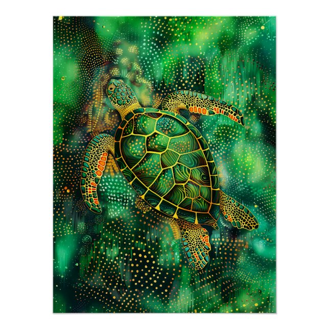 Poster Tortue de mer verte en style aborigène Dot Art (Devant)