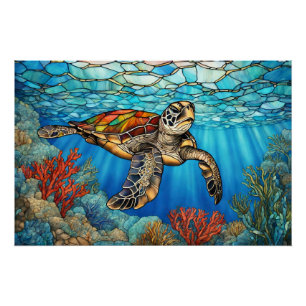 Poster Tortue de verre Nage de la tortue de mer, Corail