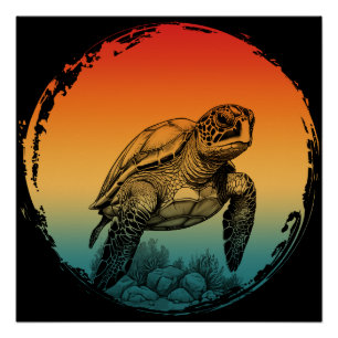 Poster tortue été océan coucher de soleil