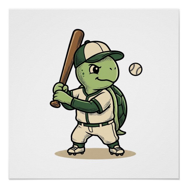 Poster Tortue Mignonne Batteur de Baseball Art Vectoriel  (Devant)