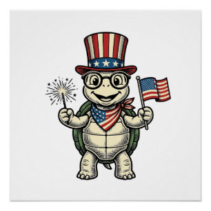 Poster Tortue Patriotique Gravure Vintage Graphique pour