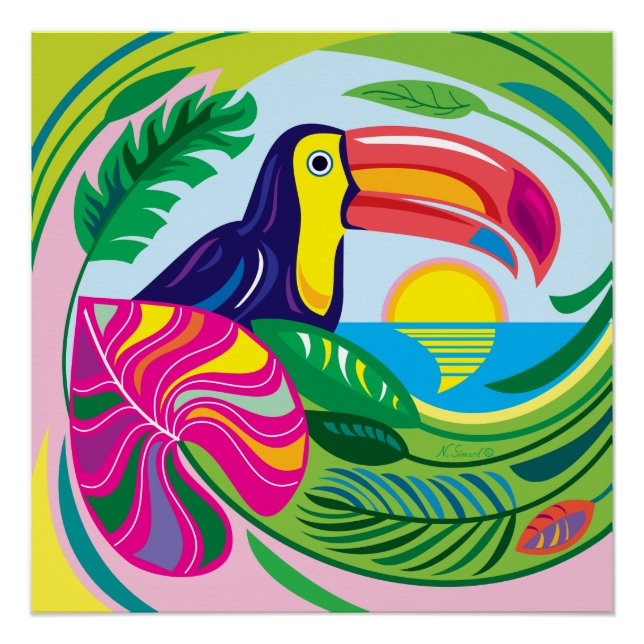 Poster Toucan et feuilles tropicales (Devant)