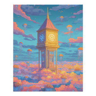 Poster Tour horloge dorée Ciel pastel Art Fantastique