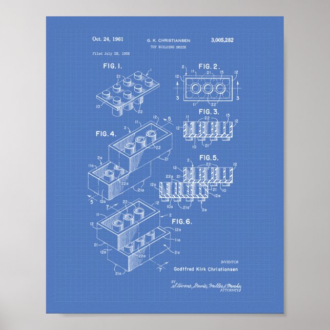 Poster Toy Building Brick 1961 Patent Art - Blueprint (Devant)