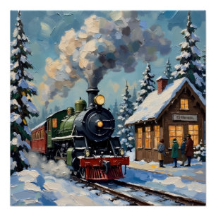 Poster Train à vapeur de Noël vintage à la gare enneigée