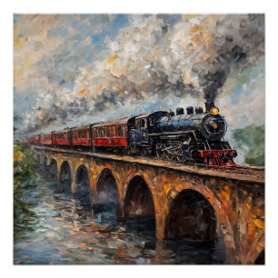 Poster Train à vapeur sur un pont - Peinture à l'huile