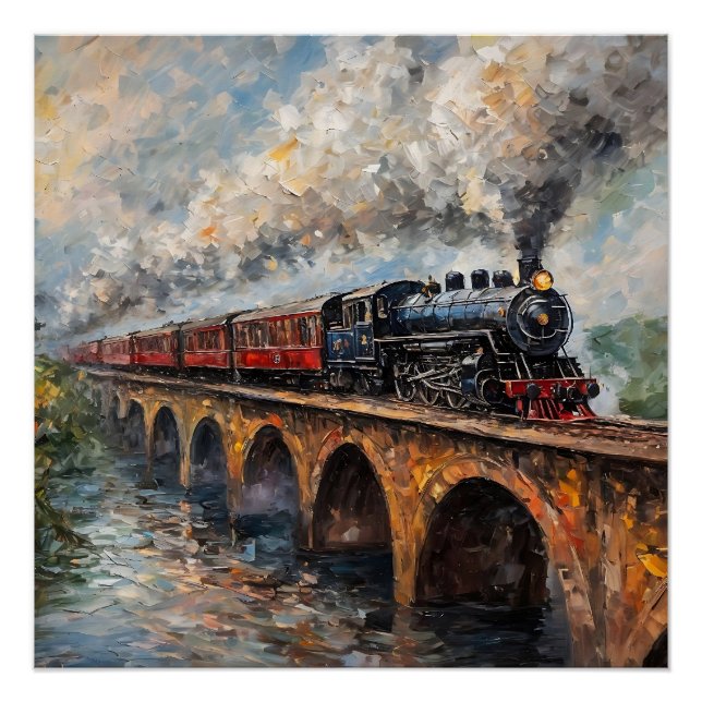 Poster Train à vapeur sur un pont - Peinture à l'huile (Devant)
