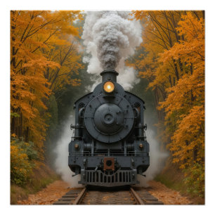 Poster Train à vapeur vintage dans les bois en automne
