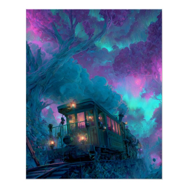 Poster Train Forêt Mystique Violet Turquoise Art Fantasti (Devant)