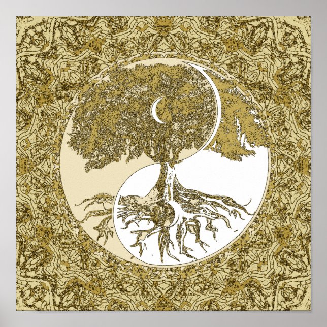 Poster Tree of Life Yin Yang Gold Mandala (Devant)