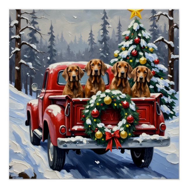 Poster Treeing Walker Coonhound Christmas Red Truck (Devant)