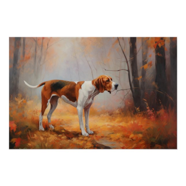 Poster Treeing Walker Coonhound dans les feuilles d'autom (Devant)