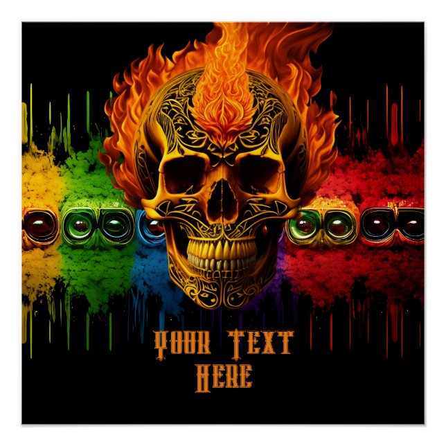 Poster Tribal Rock N Roll Skull biker Flames personnalisa (Devant)