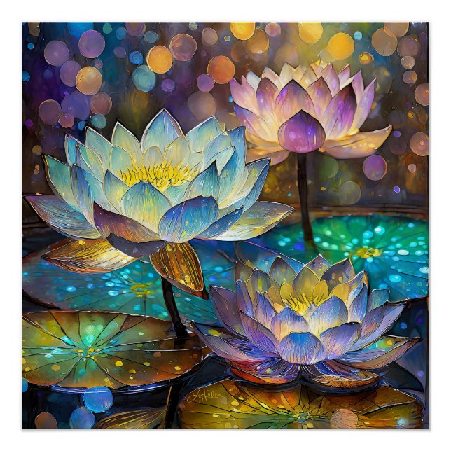 Poster Trio de fleurs de lotus lumineuses (Devant)