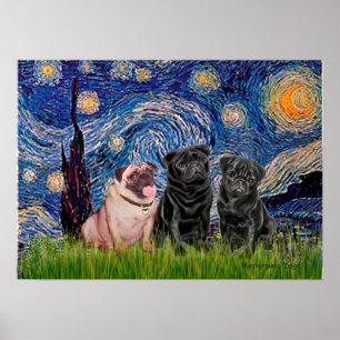 Poster Trio de Pug (1F,2B) - Nuit étoilée