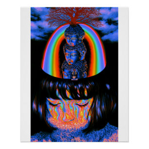Poster Triple Bouddha Portrait Fumée Arc-en-Ciel