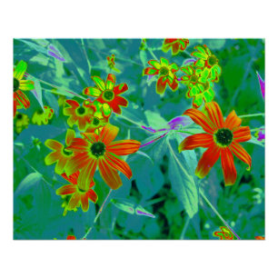 Poster Trippy Jaune et Fleurs sauvages rouges sur Retro B