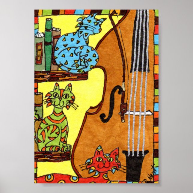 Poster Trois chats avec la basse Fiddle Mini Folk Art (Devant)