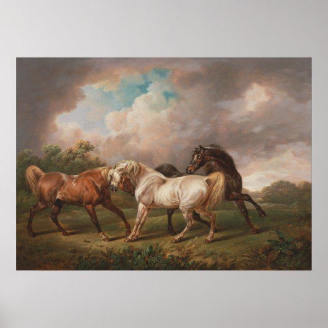 Poster Trois chevaux dans un paysage orageux (Devant)
