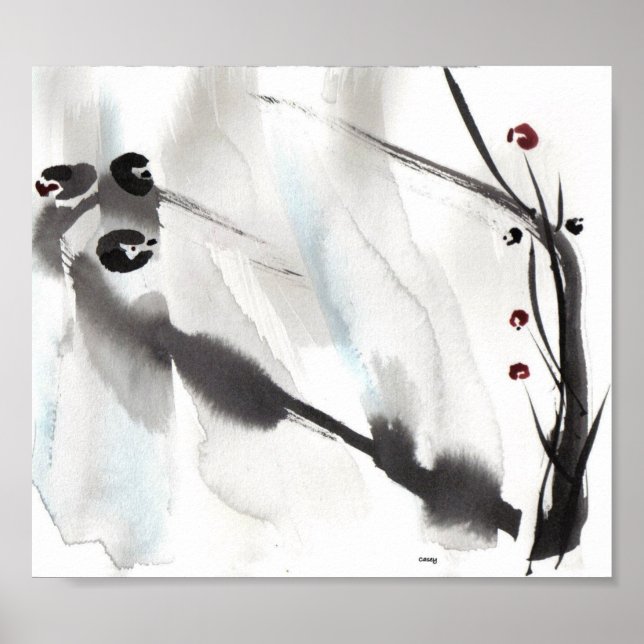 Poster Trois oiseaux sur l'art du saule Imprimer (Devant)