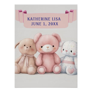 Poster TROIS TEDDIES AVEC NOM D'ENFANT Anniversaire