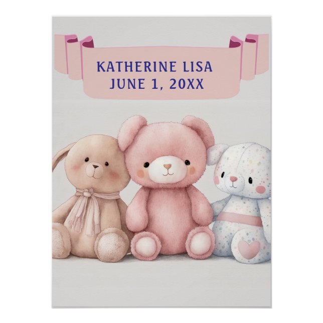Poster TROIS TEDDIES AVEC NOM D'ENFANT Anniversaire (Devant)