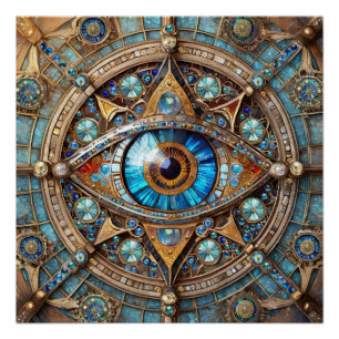 Poster Troisième Œil - Mandala Bleu Turquoise Or