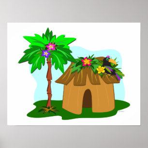 Poster Tropical Hut, Palm Tree, and Toucan