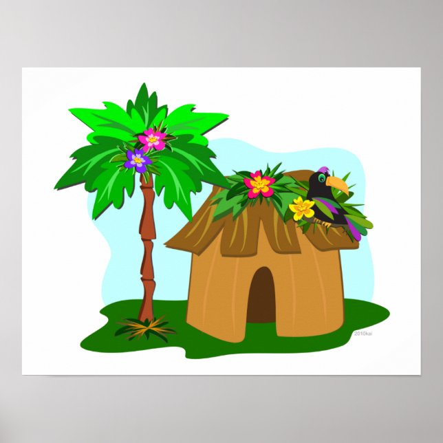 Poster Tropical Hut, Palm Tree, and Toucan (Devant)